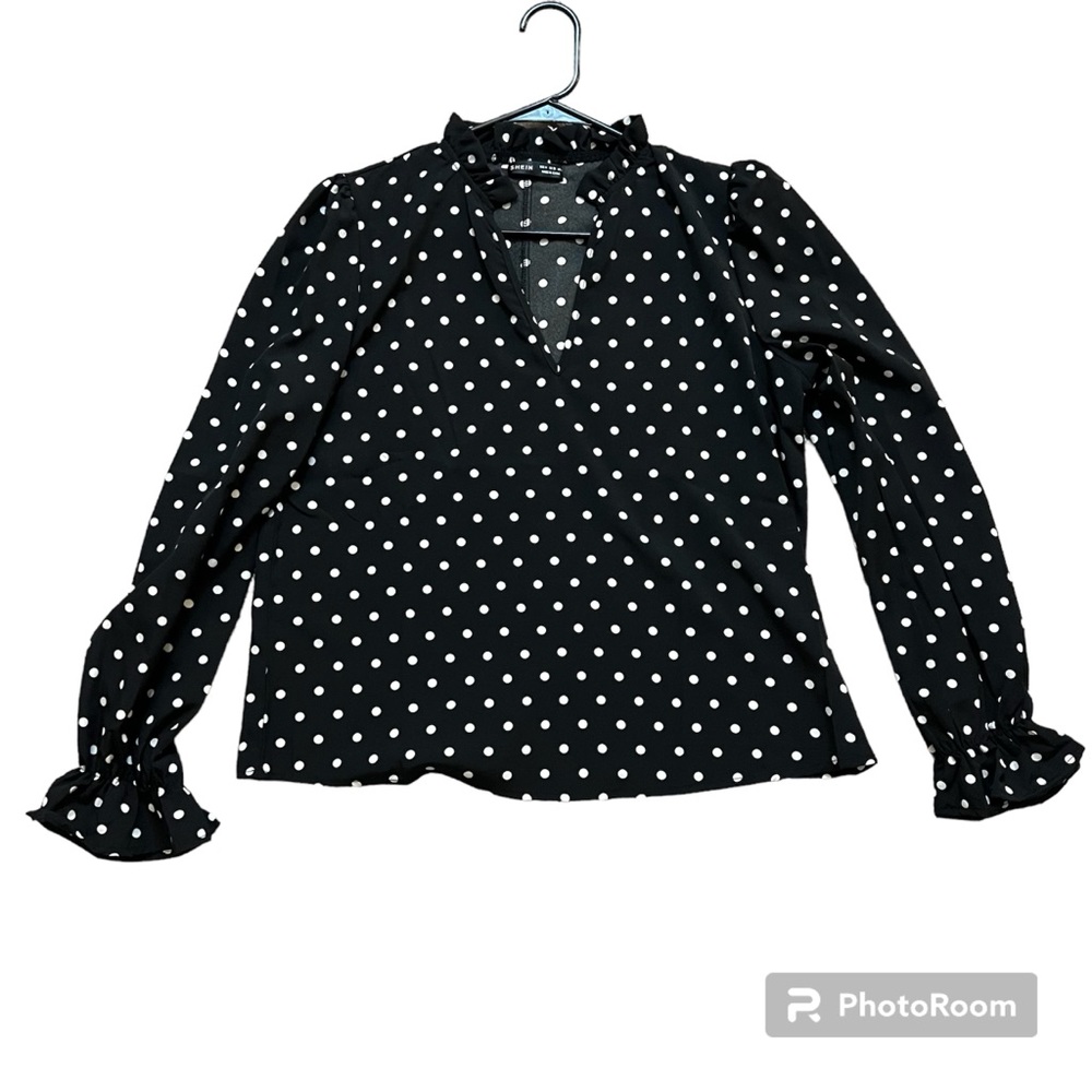 Shein Polka Dot Print Frill Notched Neck Flounce Sleeve Blouse Size Medium